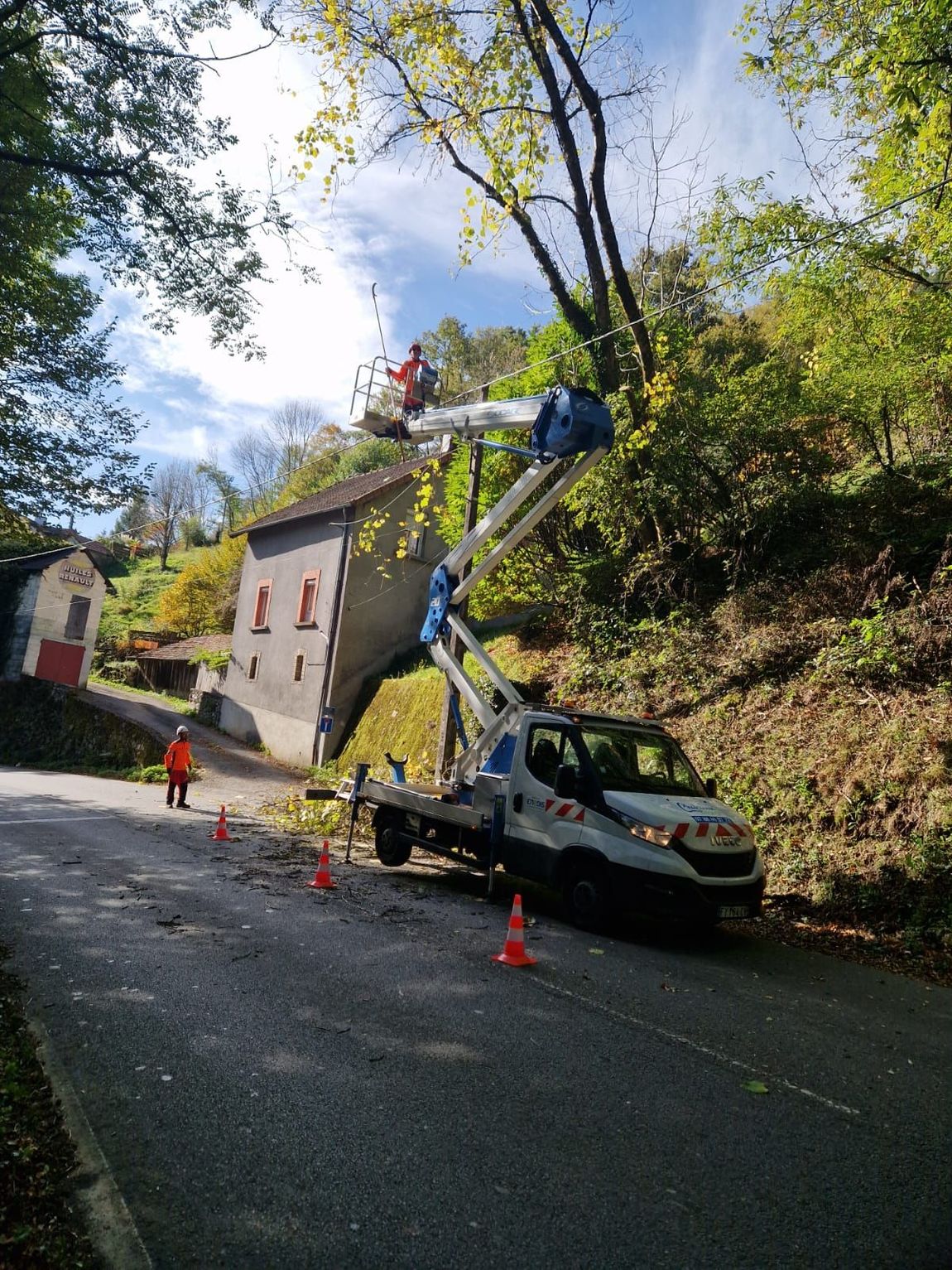 Élagueur dans une nacelle