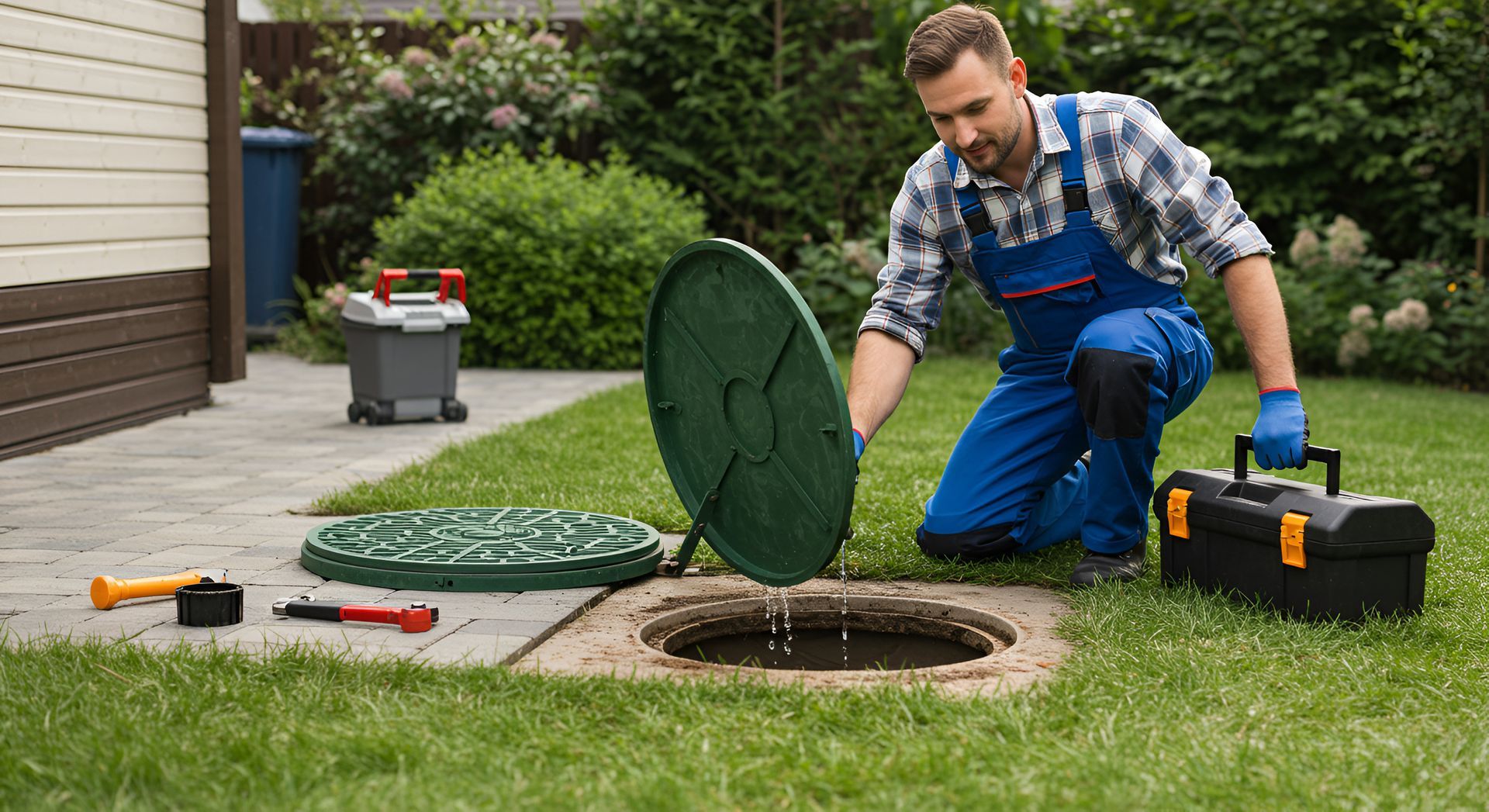 Mitarbeiter arbeitet an einem Gullydeckel im Garten um den Zustand der Kanalisation zu überprüfen