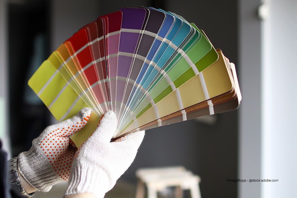 Mitarbeiter von Ausbau Fassaden Raumgestaltung Meisterbetrieb Alexander Linke hält Farbmusterset in den Händen