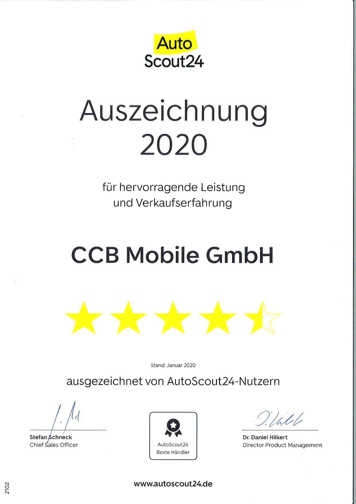 Auszeichnung Autoscout24 2020 für CCB Mobile Handel & Vertrieb GmbH