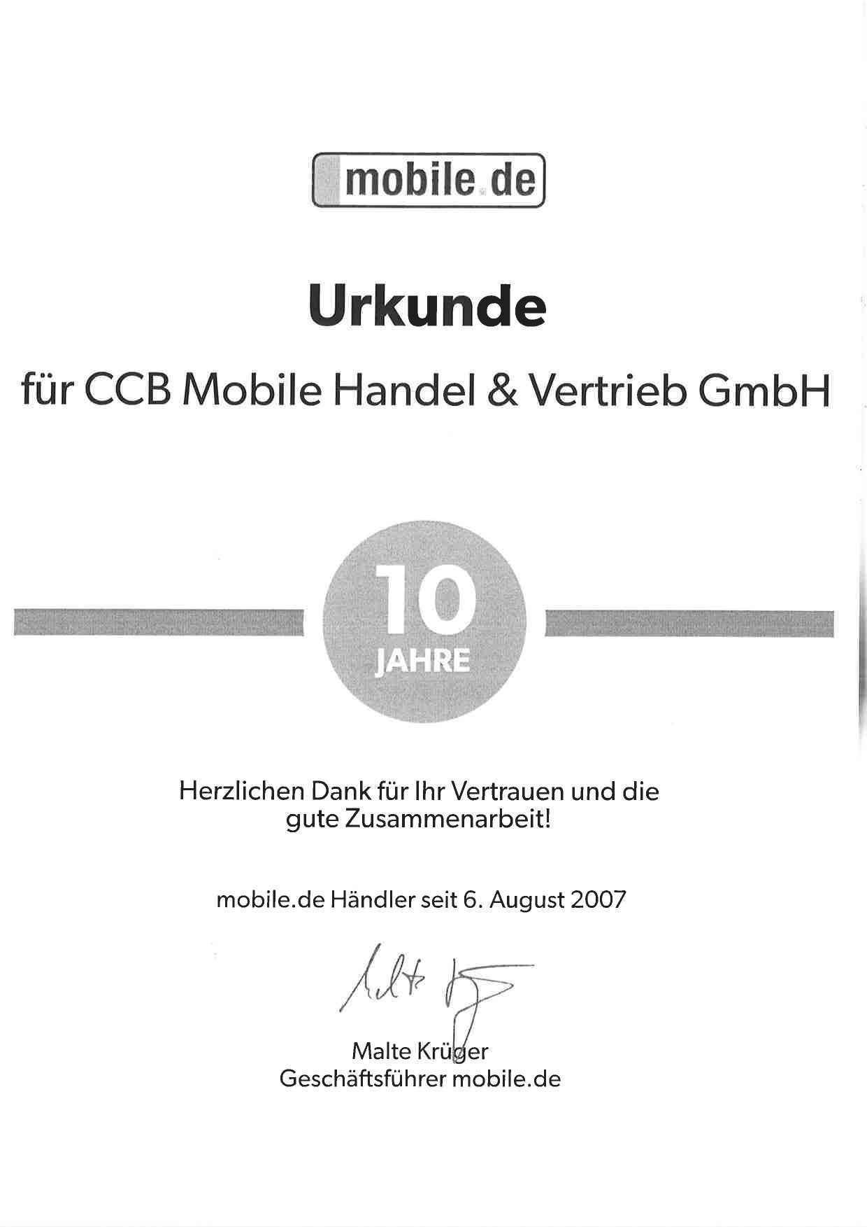 10 Jahre gute Zusammenarbeit mit mobile.de