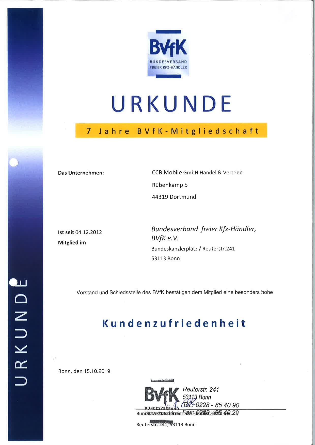 Urkunde BvfK für CCB Mobile Handel & Vertrieb GmbH