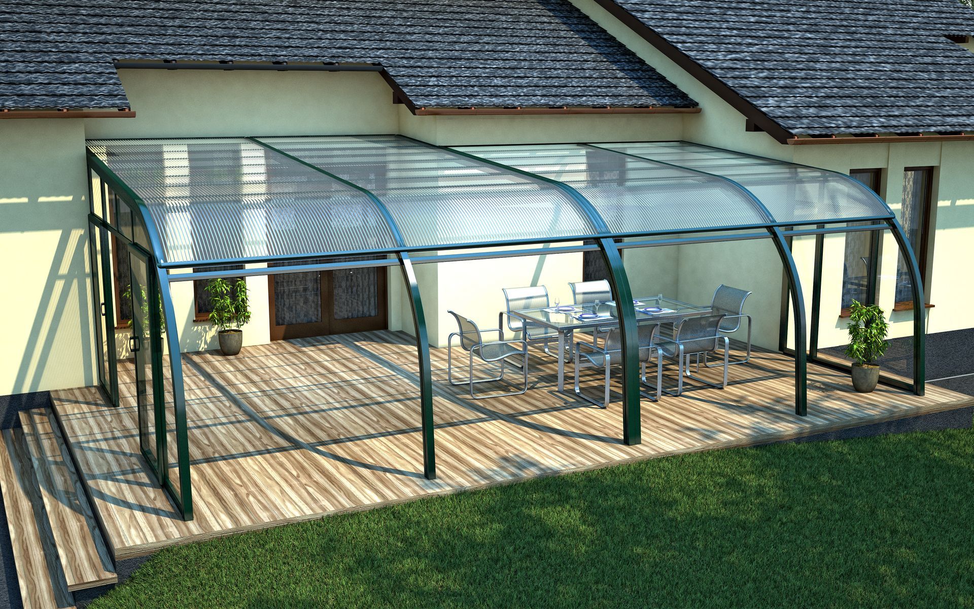 Abri de terrasse avec salon de jardin en aluminium