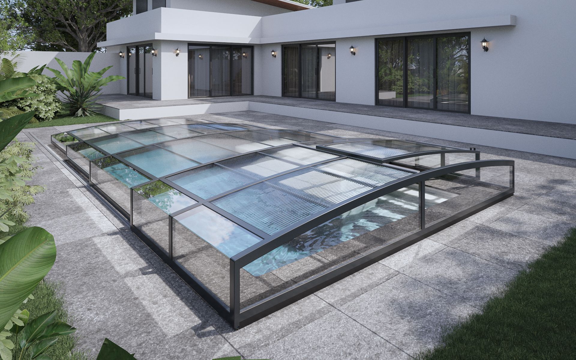 Abri de piscine sur terrasse en carrelage