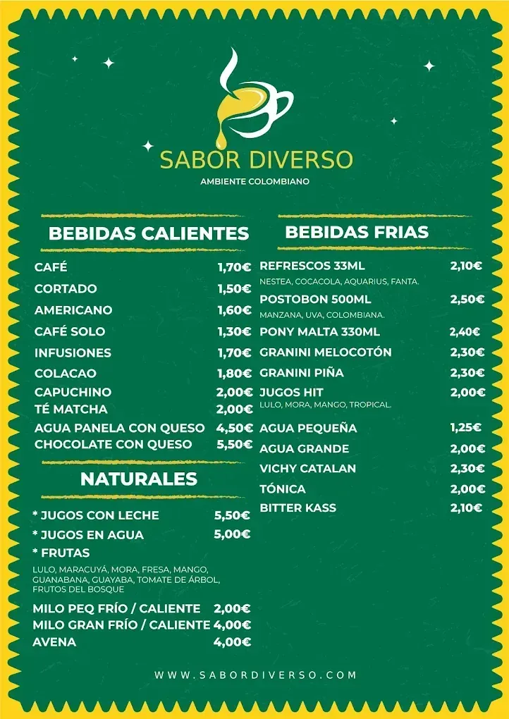 Menú con precios de bebidas frías y calientes en español. Fondo verde.