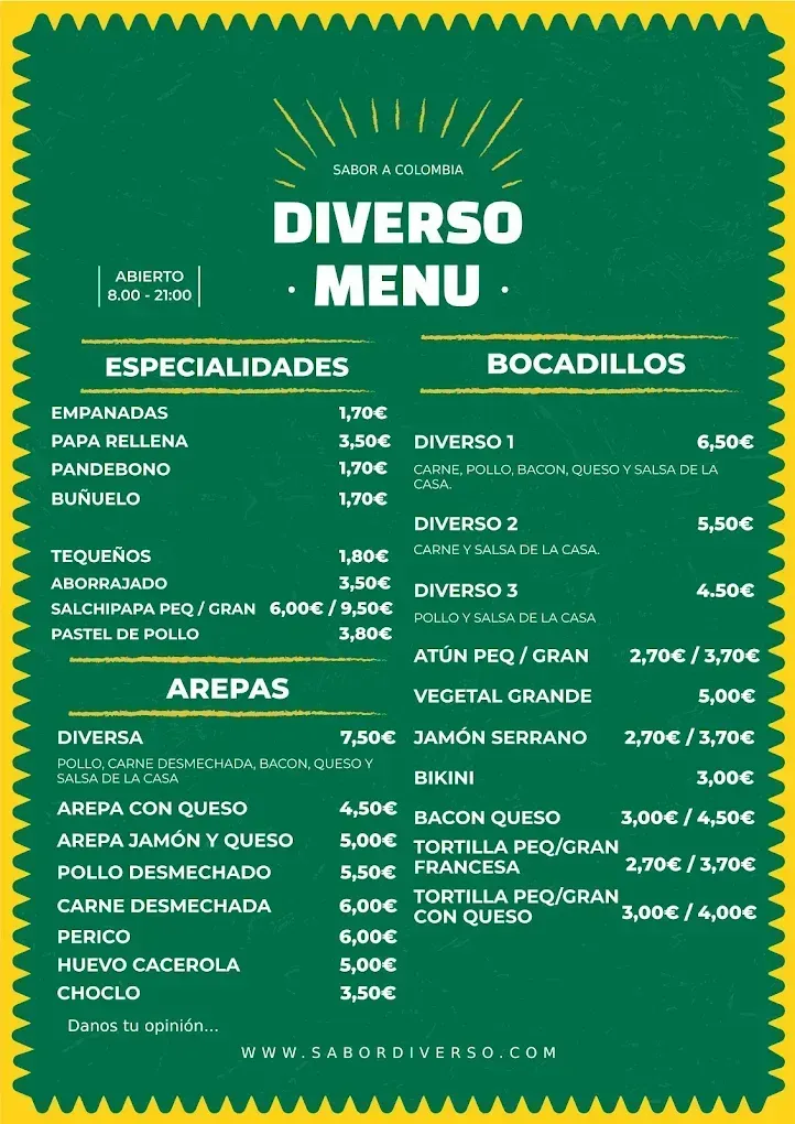 Tablero de menú con fondo verde y borde amarillo, que enumera platos como empanadas, arepas y bocadillos.
