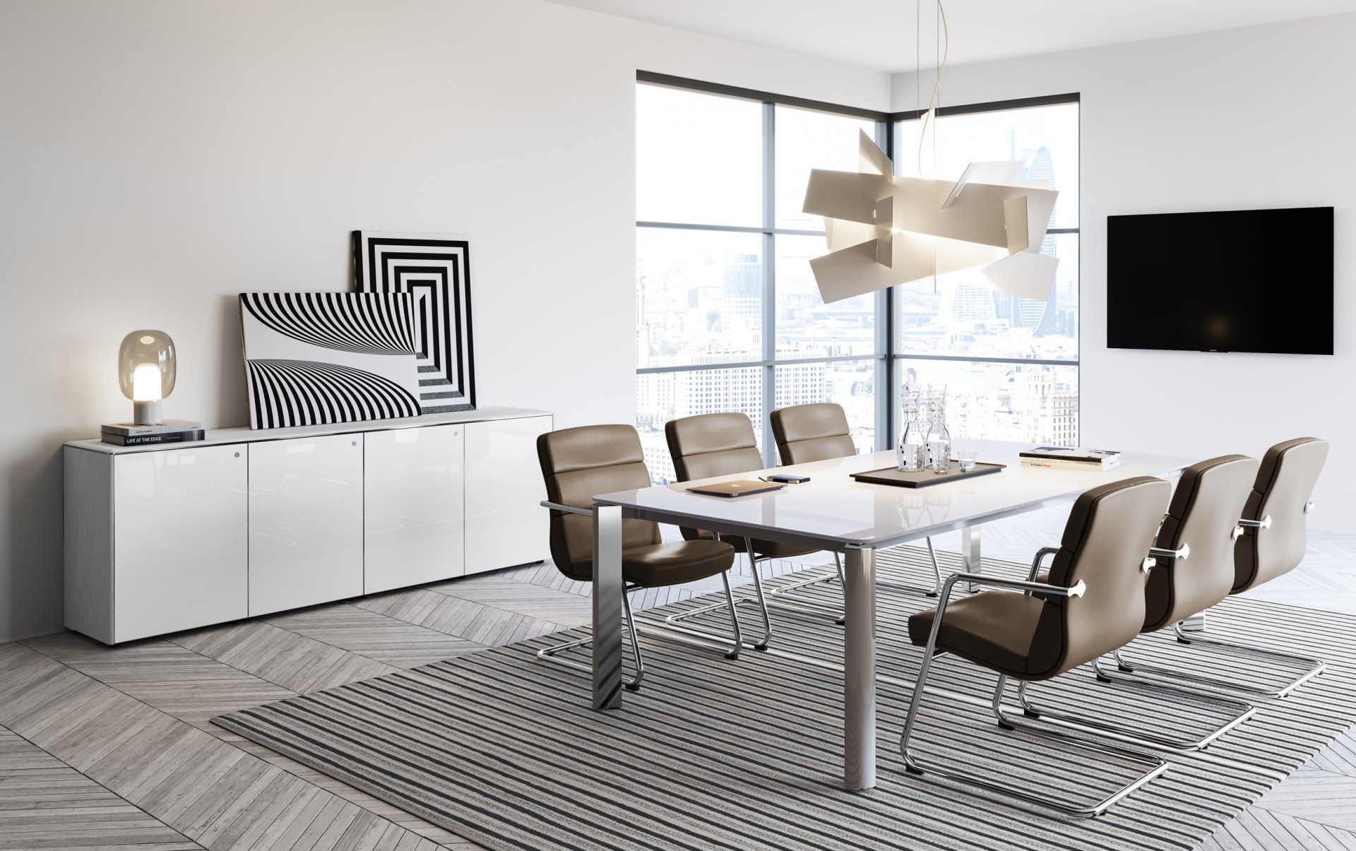 Salle de conférence moderne. Armoires blanches, table en marbre, chaises en cuir et art abstrait.