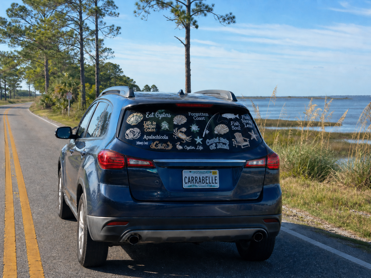 Car driving from Apalachicola to tour Florida's Forgotten Coast