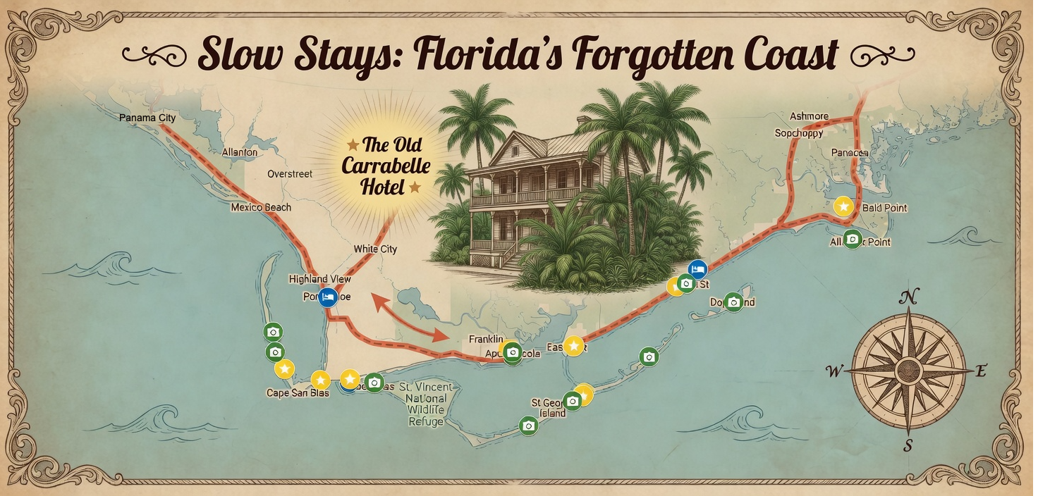Tour drive map and points of interest along Florida's Forgotten coast from Port St. Joe