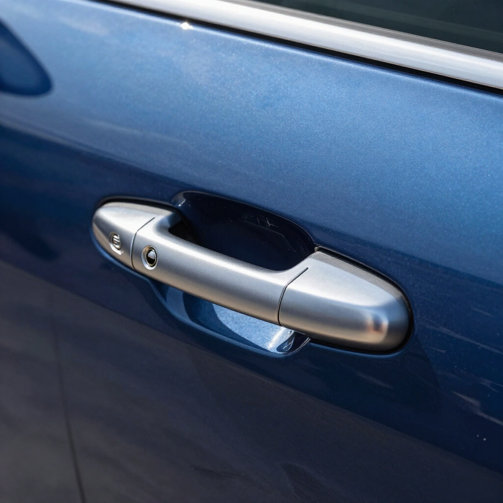 Primer plano de la manija plateada de la puerta de un coche azul.