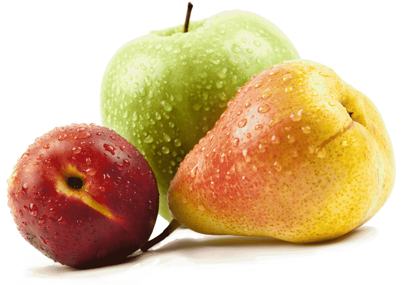 Une nectarine, une poire et une pomme.