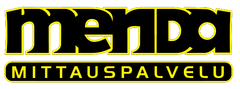 Menda Mittauspalvelun logo mustana ja keltaisena tyylitellyllä tekstillä
