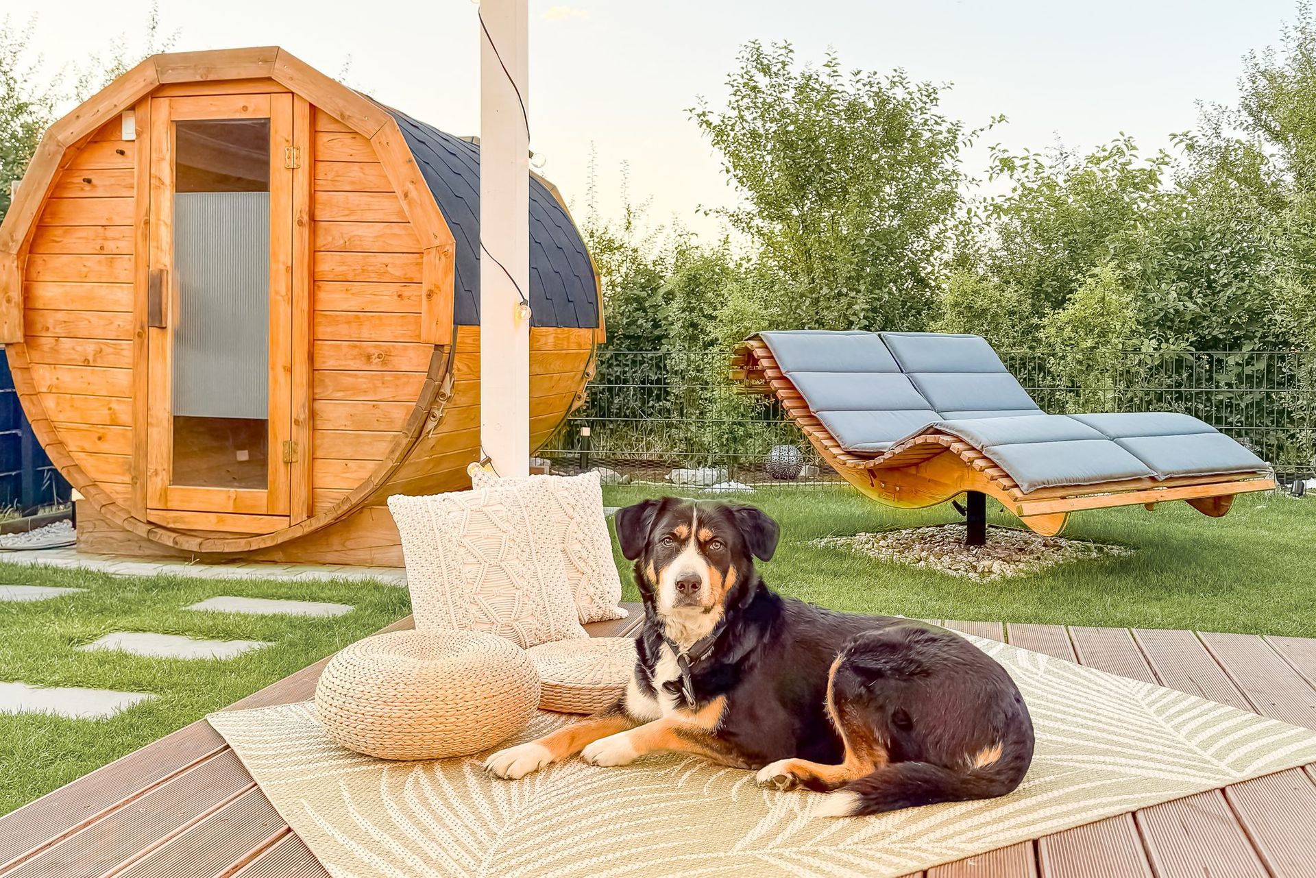 Dog resting on the terrace beside the barrel sauna