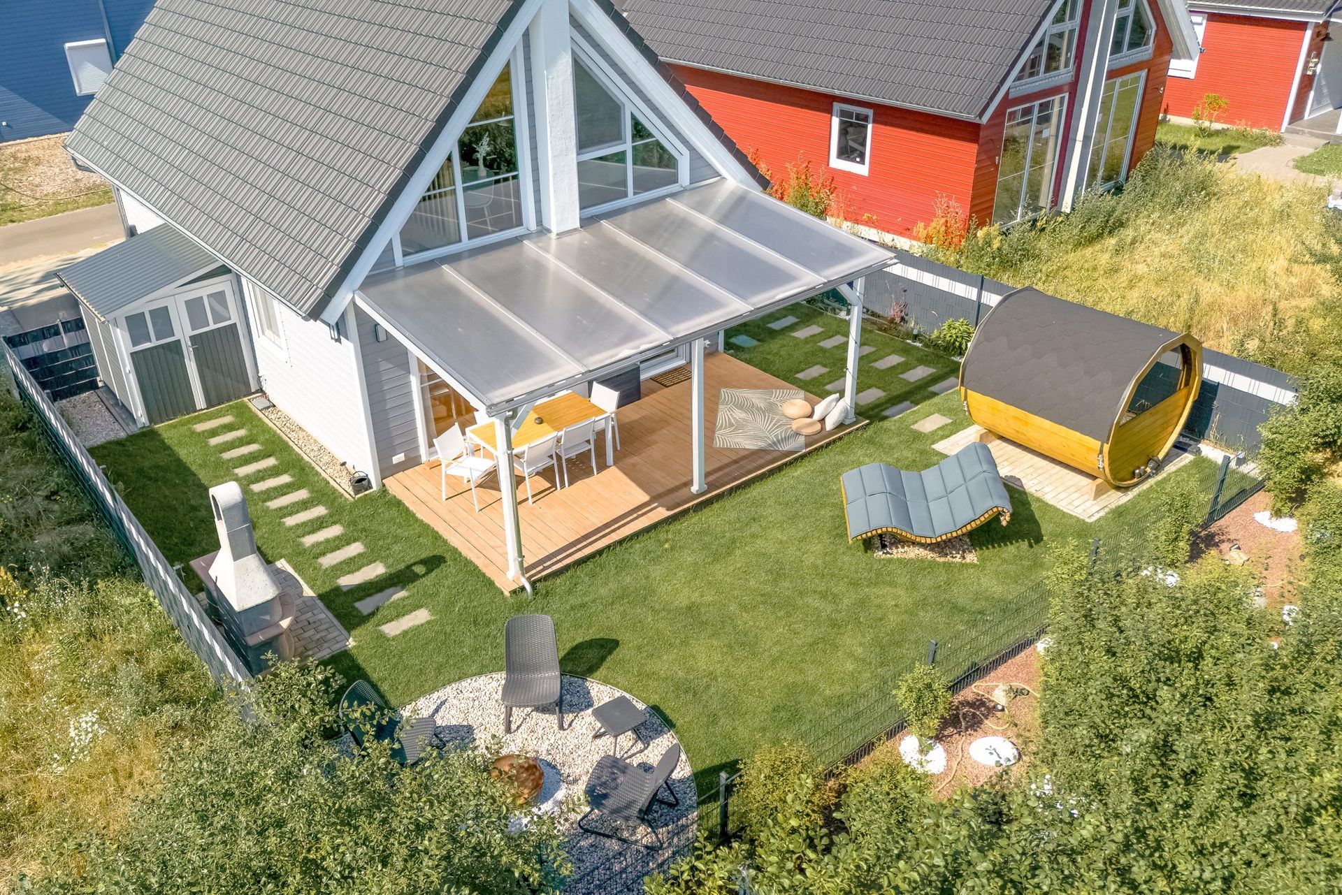Aerial view of the house, terrace and garden