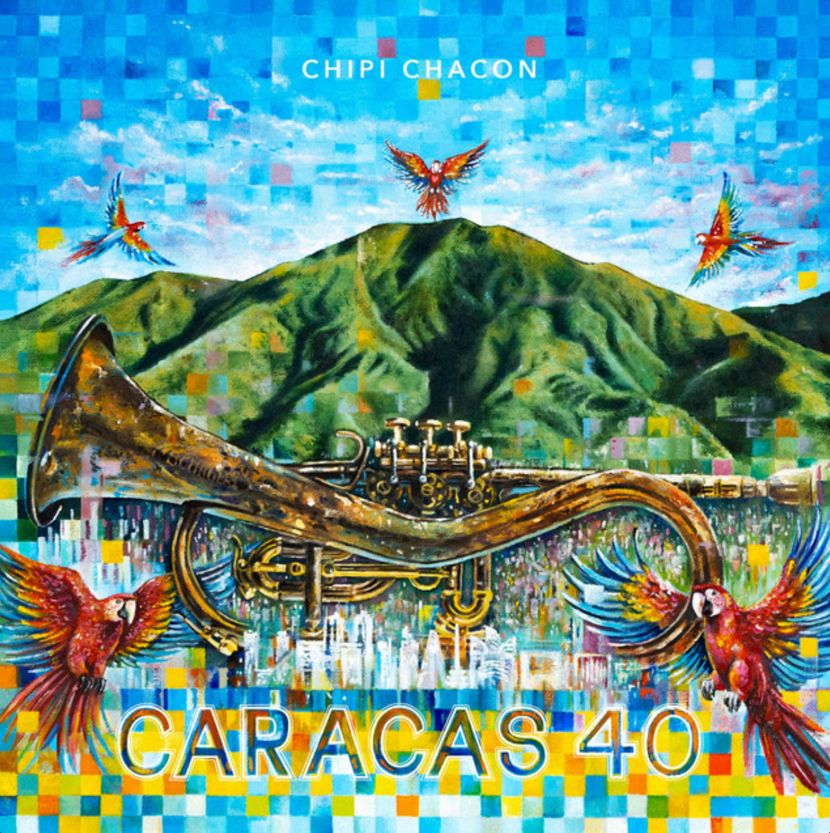 Una pintura colorida de una trompeta y pájaros en la portada de Caracas 40