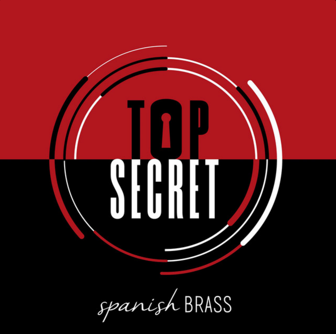 Logotipo de latón español de alto secreto sobre un fondo rojo y negro