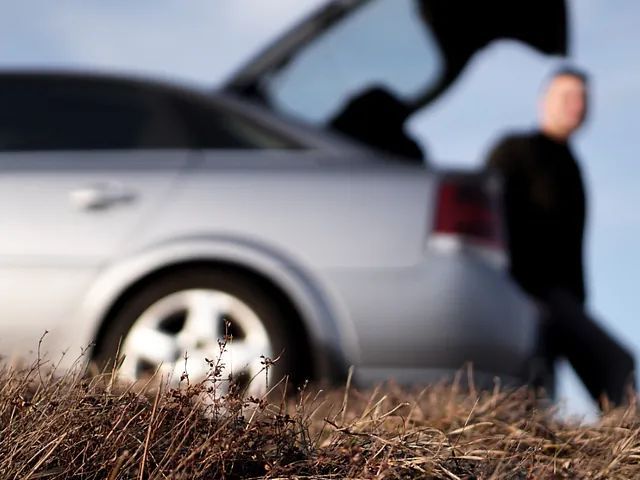 Automóvil plateado con el maletero abierto, figura borrosa parada a su lado en un campo, cielo nublado.