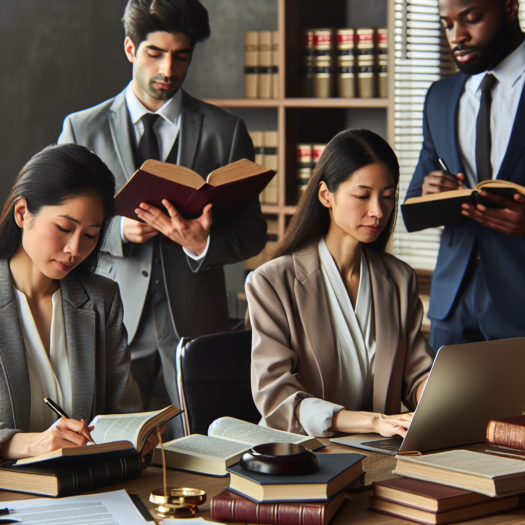 Abogados de traje trabajando en una oficina con libros y una computadora portátil.