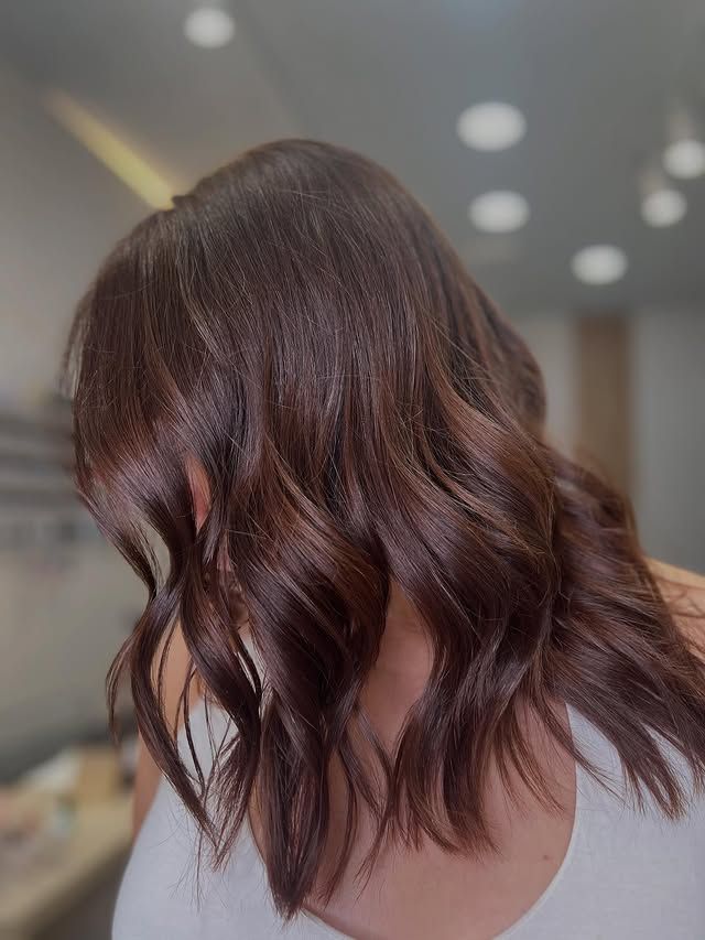 Cabello castaño ondulado hasta los hombros con reflejos color borgoña, visto desde atrás en un salón de belleza.