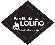 Black diamond logo reading &ldquo;Parrillada Loli&ntilde;o&rdquo; with Estrella Galicia and a flame icon