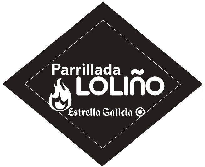 Black diamond logo reading &ldquo;Parrillada Loli&ntilde;o&rdquo; with Estrella Galicia and a flame icon
