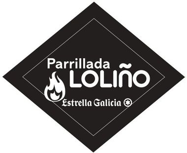 Black diamond logo reading &ldquo;Parrillada Loli&ntilde;o&rdquo; with Estrella Galicia and a flame icon