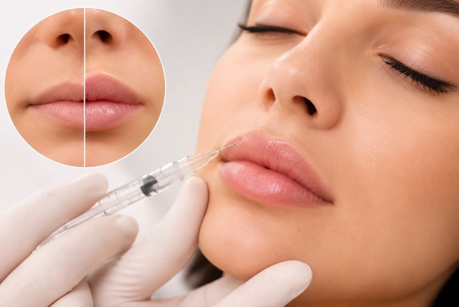 Inyección de relleno labial cosmético con primer plano de los labios y la jeringa en el rostro de una mujer.