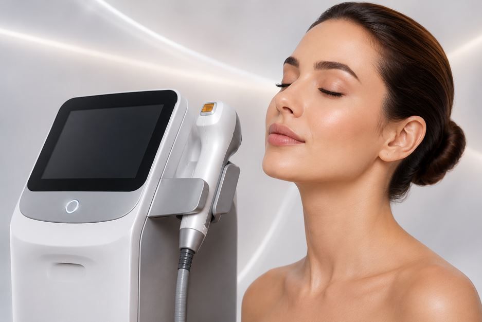 Mujer recibiendo un tratamiento facial con un dispositivo láser portátil en un luminoso ambiente de spa.