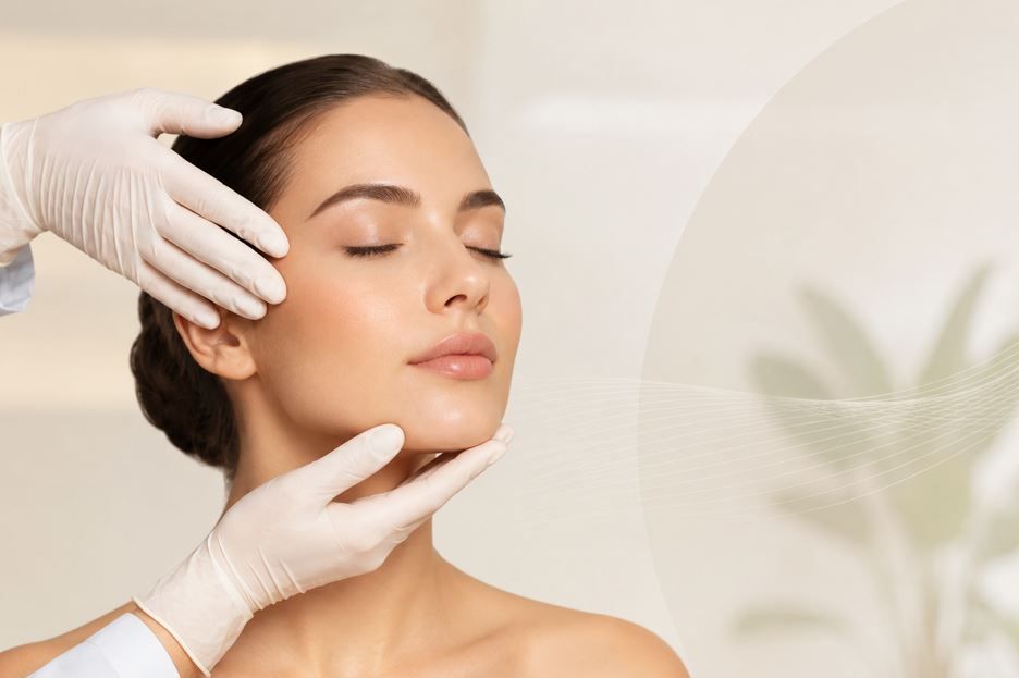 Manos enguantadas dando un masaje facial a una mujer con los ojos cerrados en un entorno de spa.