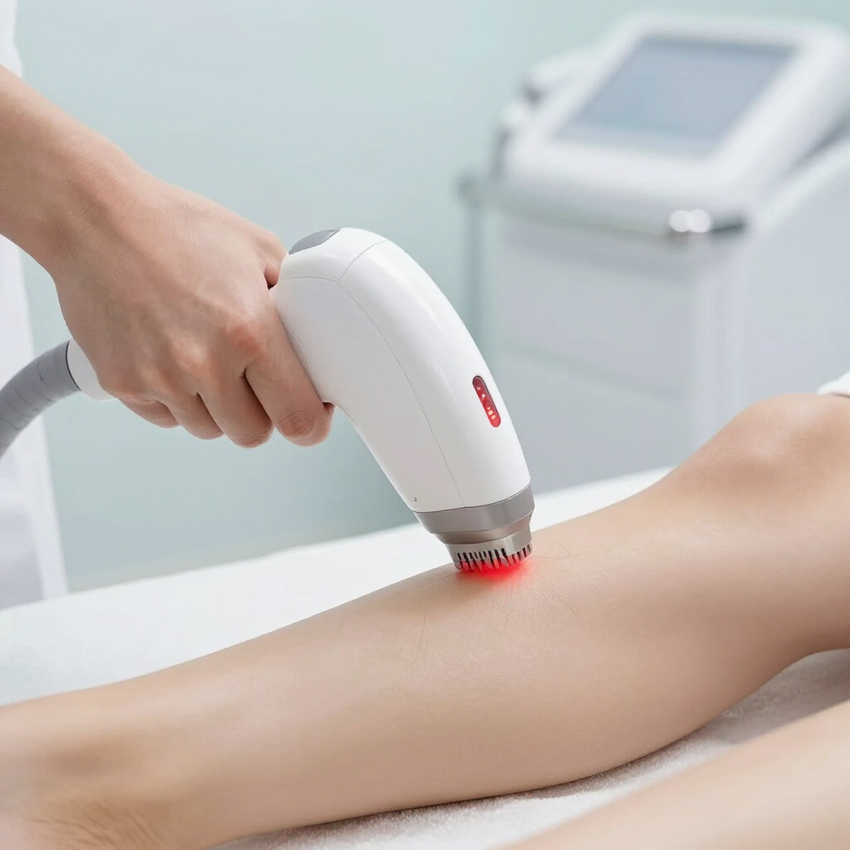 Dispositivo láser portátil para tratar una pierna en una luminosa clínica de spa.