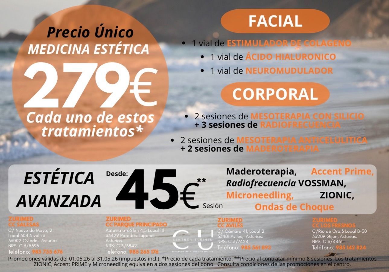 Cartel promocional de medicina estética española con secciones naranjas y grises, precios y lista de tratamientos.