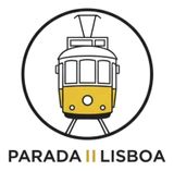 Logotipo del desfile de Lisboa con un tranvía amarillo dentro de un círculo negro.