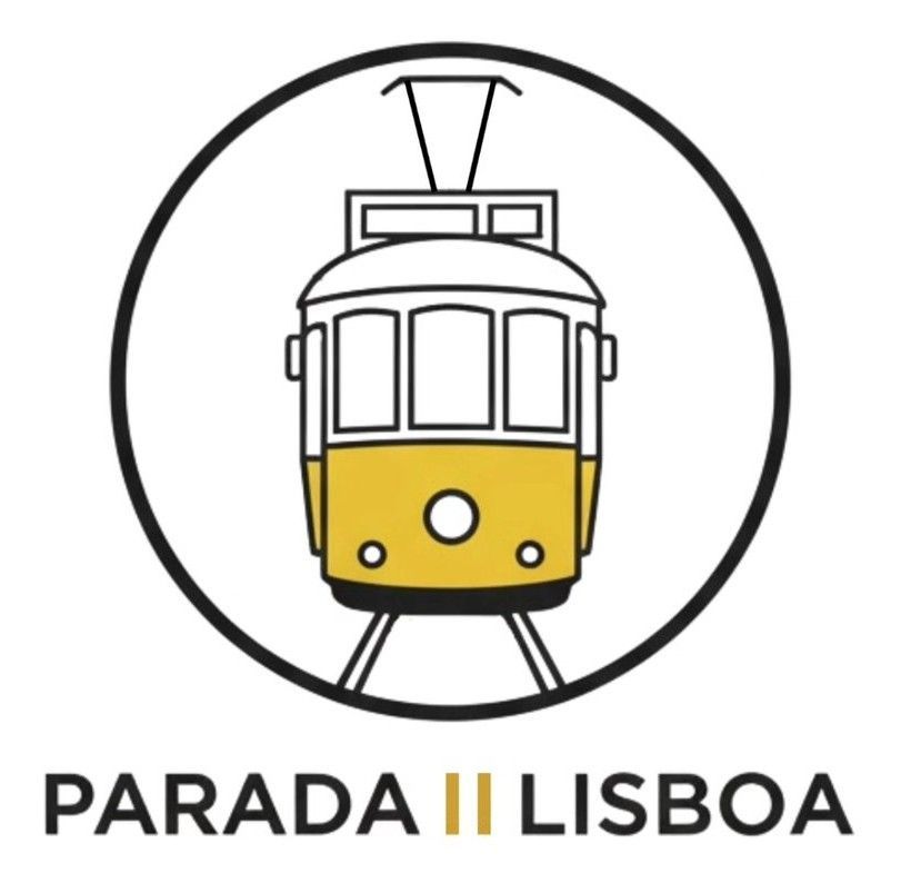 Logotipo del desfile de Lisboa con un tranv&iacute;a amarillo dentro de un c&iacute;rculo negro.