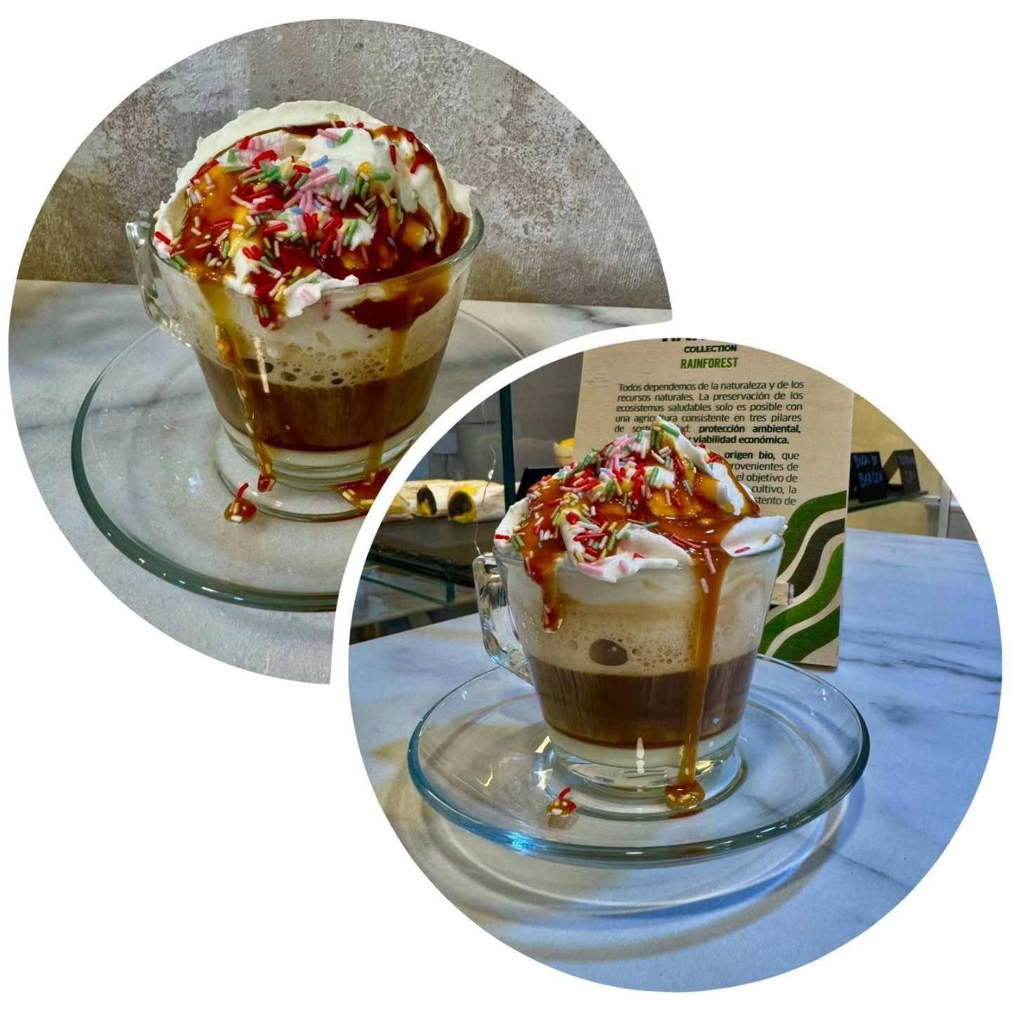 Dos vistas de una bebida de postre por capas en una taza de vidrio con crema batida y jarabe de colores en platillos.