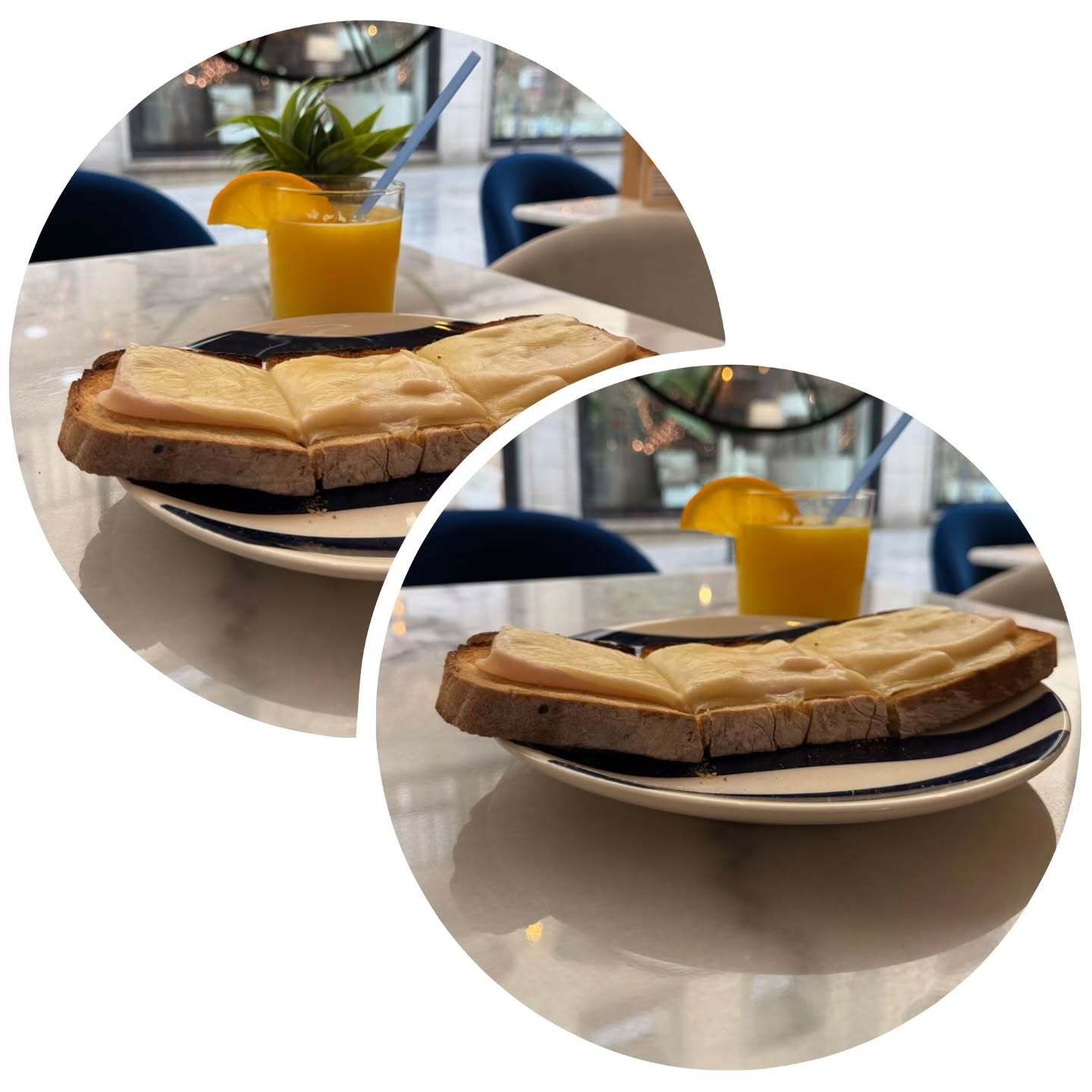 Dos fotos de una mesa de café circular que muestran un sándwich tostado y un vaso de zumo de naranja sobre una mesa blanca.