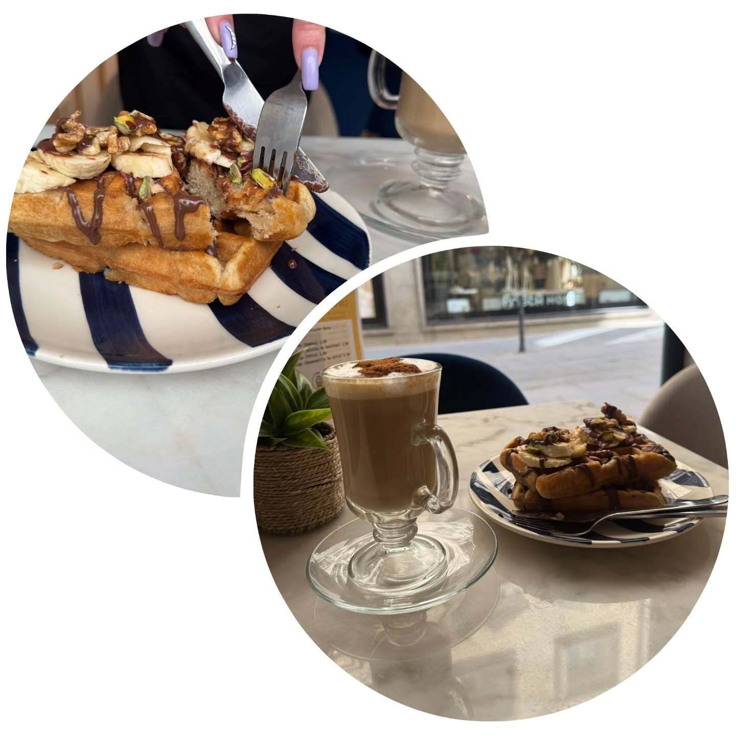 Café y gofres de chocolate sobre la mesa de una cafetería, mostrados en dos fotografías circulares en primer plano.