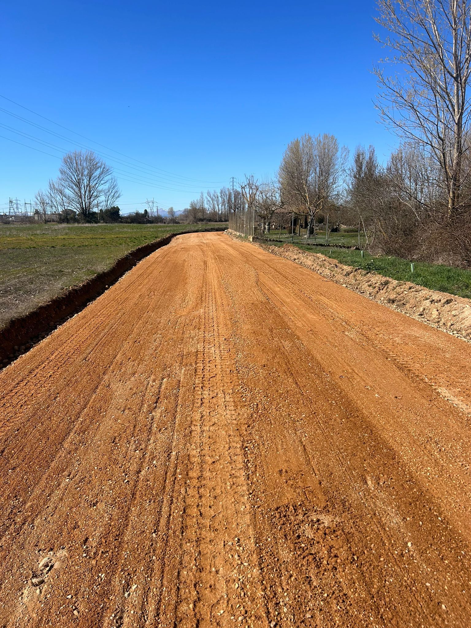 Camino de tierra recién nivelado bajo un cielo azul despejado con campos y árboles a ambos lados.