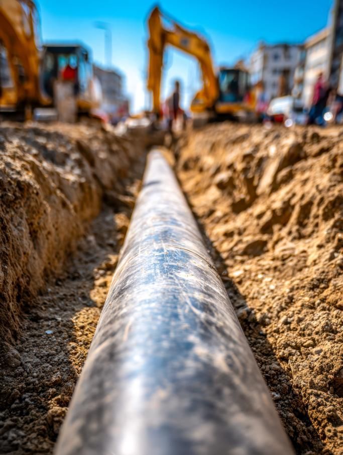Primer plano de una gran tubería en una zanja de tierra en una obra de construcción con excavadoras al fondo.