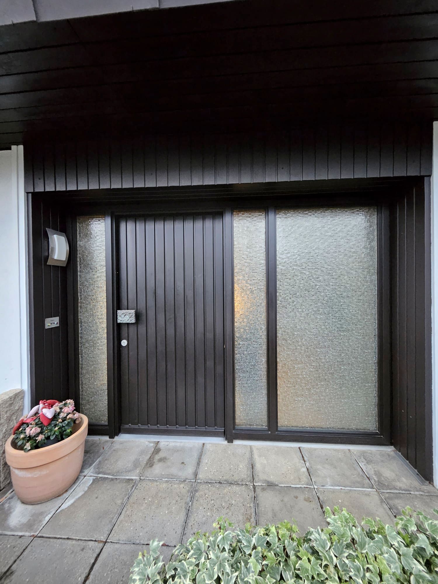 Die Haustür eines Hauses mit einer Topfpflanze davor.