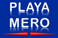 Logotipo azul con la inscripción “PLAYA MERO” en texto blanco con subrayado rojo.