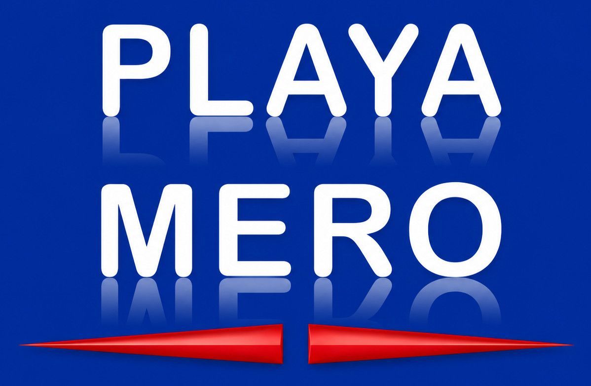 Logotipo azul con la inscripci&oacute;n &ldquo;PLAYA MERO&rdquo; en texto blanco con subrayado rojo.