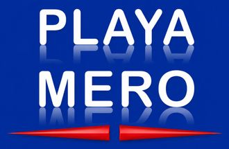 Logotipo azul con la inscripción “PLAYA MERO” en texto blanco con subrayado rojo.
