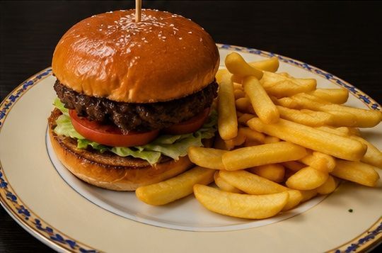 Hamburguesa y patatas fritas en un plato blanco con borde azul, coronado con una brocheta.