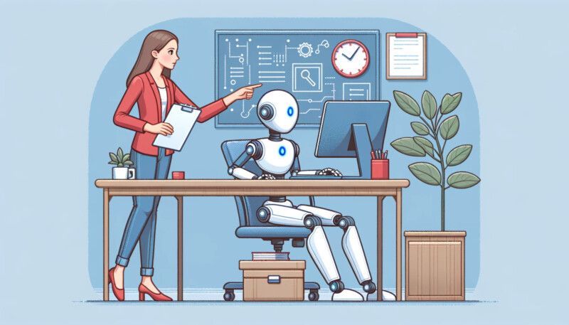 Kannettava tietokone kädessään oleva nainen osoittaa pientä robottia työpöydän ääressä modernissa toimistotilassa.