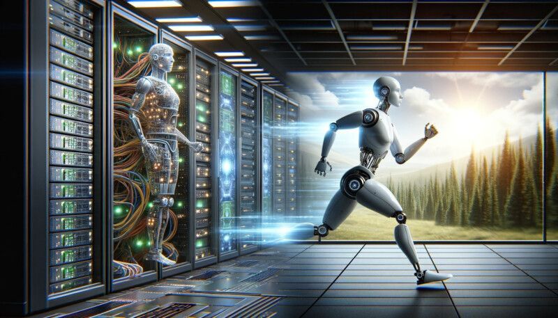 Humanoidirobotti juoksee futuristisessa palvelinhuoneessa, jonka ulkopuolella on hohtavat datapaneelit ja valaistu horisontti