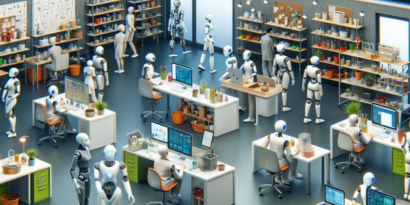 Robotit työskentelevät kiireisessä laboratoriossa, jossa on hyllyjä, tietokoneita ja ihmisiä yhteistyössä pöydissä