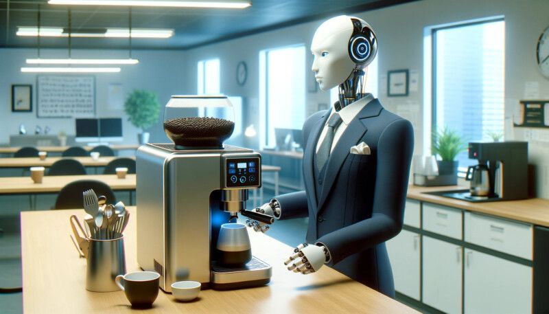 Robottibarista valoisassa kahvilassa seisoo kahvikoneen vieressä tiskillä kupit ja pavut.