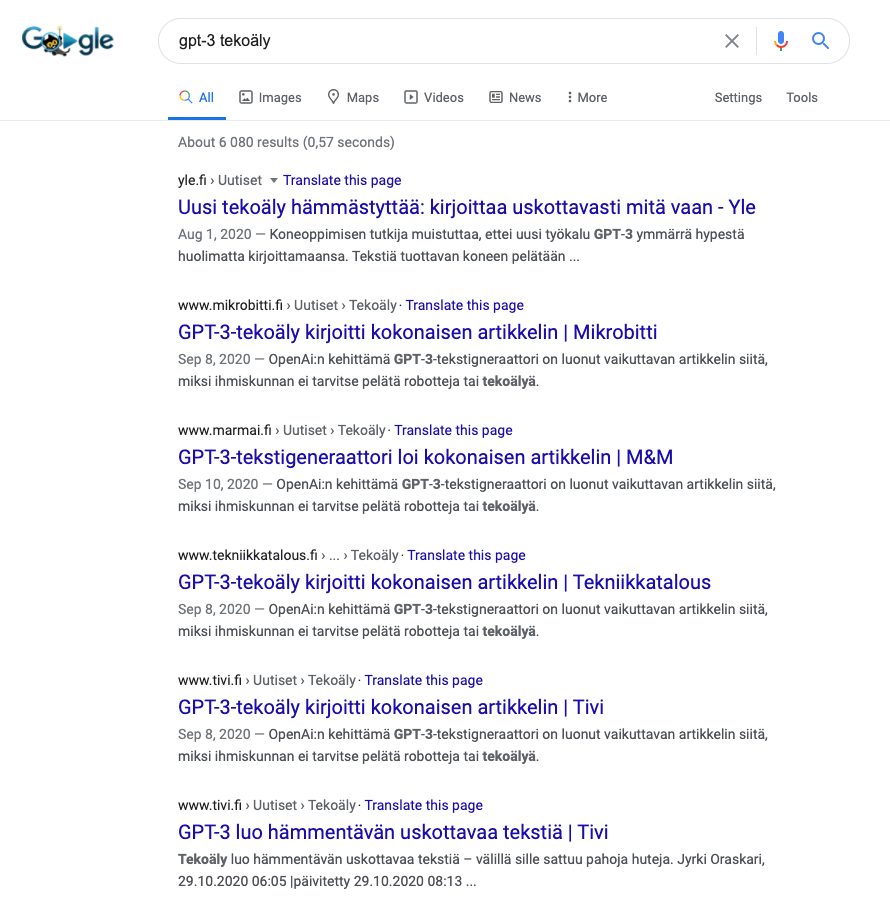 Googlen hakutulossivu suomeksi, jossa on siniset linkit GPT-3:een ja tekstin luontiin