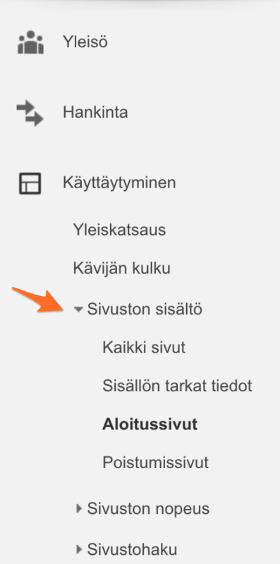 Annotated Finnish website menu with orange arrow highlighting “Sivuston sisältö” and “Aloitussivut”.