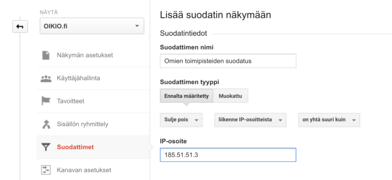 Finnish settings page with “Lisää suodatin näkymään” form and filter options dropdowns